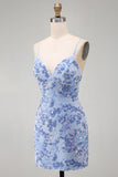 Bodycon blu con spalline spaghetti con pizzi sul retro Abito corto del ritorno a casa con perline