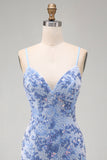Bodycon blu con spalline spaghetti con pizzi sul retro Abito corto del ritorno a casa con perline