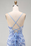 Bodycon blu con spalline spaghetti con pizzi sul retro Abito corto del ritorno a casa con perline