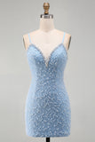 Vestito corto di cocktail con blu con spalline spaghetti con lacci e stelle