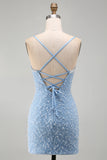 Vestito corto di cocktail con blu con spalline spaghetti con lacci e stelle