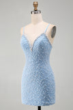 Vestito corto di cocktail con blu con spalline spaghetti con lacci e stelle