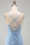 Vestito corto di cocktail con blu con spalline spaghetti con lacci e stelle