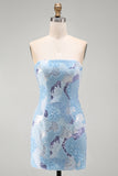 Abito corto corto di cocktail blu bodycon senza spalline con perline