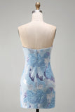 Abito corto corto di cocktail blu bodycon senza spalline con perline