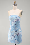 Abito corto corto di cocktail blu bodycon senza spalline con perline