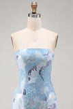 Abito corto corto di cocktail blu bodycon senza spalline con perline
