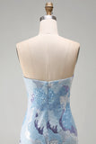 Abito corto corto di cocktail blu bodycon senza spalline con perline