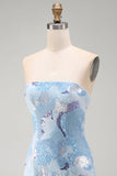 Abito corto corto di cocktail blu bodycon senza spalline con perline