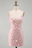Vestito corto di ritorno a casa con paillettes rosa a pizzo e spallette spallette