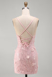 Vestito corto di ritorno a casa con paillettes rosa a pizzo e spallette spallette