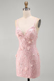 Vestito corto di ritorno a casa con paillettes rosa a pizzo e spallette spallette