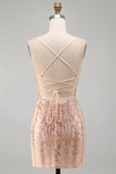 Champagne Bodycon Paillettes, vestito corto di ritorno a casa con pizzo sulla schiena