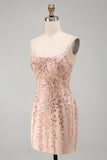 Champagne Bodycon Paillettes, vestito corto di ritorno a casa con pizzo sulla schiena