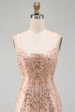 Champagne Bodycon Paillettes, vestito corto di ritorno a casa con pizzo sulla schiena