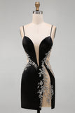 Bodycon nero a spalline floreali Abito corto di cocktail con perline