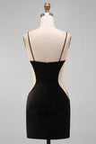 Bodycon nero a spalline floreali Abito corto di cocktail con perline