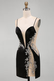 Bodycon nero a spalline floreali Abito corto di cocktail con perline