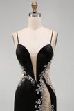 Bodycon nero a spalline floreali Abito corto di cocktail con perline