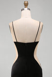 Bodycon nero a spalline floreali Abito corto di cocktail con perline