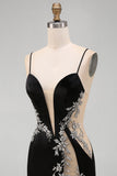 Bodycon nero a spalline floreali Abito corto di cocktail con perline