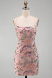 Camino rosa a flore, Bodycon Lace Up Back Out Short Homecoming Abito del Ritorno a Casa con Paillette