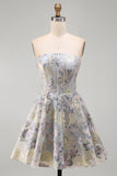 Corsetto senza stelle a fiore blu A-line con volant Jacquard con lacci sul retro e vestito di ritorno a casa