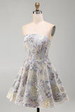 Corsetto senza stelle a fiore blu A-line con volant Jacquard con lacci sul retro e vestito di ritorno a casa
