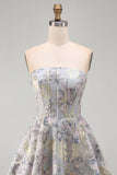Corsetto senza stelle a fiore blu A-line con volant Jacquard con lacci sul retro e vestito di ritorno a casa