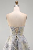 Corsetto senza stelle a fiore blu A-line con volant Jacquard con lacci sul retro e vestito di ritorno a casa