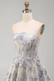 Corsetto senza stelle a fiore blu A-line con volant Jacquard con lacci sul retro e vestito di ritorno a casa
