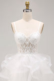 Corsetto bianco a linea A trasparente, pizzo floreale con pizzo floreale e vestito corto di homecoming con volant