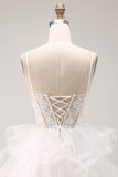 Corsetto bianco a linea A trasparente, pizzo floreale con pizzo floreale e vestito corto di homecoming con volant