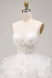 Corsetto bianco a linea A trasparente, pizzo floreale con pizzo floreale e vestito corto di homecoming con volant