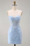 Corsetto trasparente blu Bodycon Paillettes vestito corto di ritorno a casa con applici