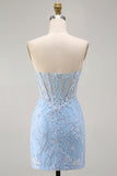Corsetto trasparente blu Bodycon Paillettes vestito corto di ritorno a casa con applici