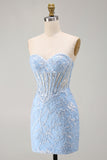 Corsetto trasparente blu Bodycon Paillettes vestito corto di ritorno a casa con applici