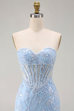 Corsetto trasparente blu Bodycon Paillettes vestito corto di ritorno a casa con applici