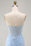 Corsetto trasparente blu Bodycon Paillettes vestito corto di ritorno a casa con applici