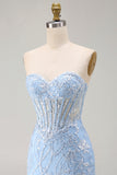 Corsetto trasparente blu Bodycon Paillettes vestito corto di ritorno a casa con applici