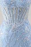 Corsetto trasparente blu Bodycon Paillettes vestito corto di ritorno a casa con applici