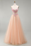 Champagne Tulle A-Line Corsetto trasparente Abito da ballo lungo floreale con pizzo sulla schiena