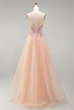 Champagne Tulle A-Line Corsetto trasparente Abito da ballo lungo floreale con pizzo sulla schiena