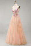 Champagne Tulle A-Line Corsetto trasparente Abito da ballo lungo floreale con pizzo sulla schiena