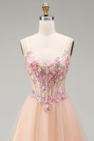 Champagne Tulle A-Line Corsetto trasparente Abito da ballo lungo floreale con pizzo sulla schiena