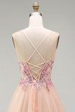 Champagne Tulle A-Line Corsetto trasparente Abito da ballo lungo floreale con pizzo sulla schiena