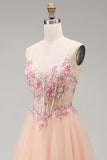 Champagne Tulle A-Line Corsetto trasparente Abito da ballo lungo floreale con pizzo sulla schiena