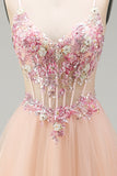 Champagne Tulle A-Line Corsetto trasparente Abito da ballo lungo floreale con pizzo sulla schiena