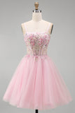 Corsetto floreale rosa A-line spalline a spaghetti paillettes abito corto di ritorno a casa con perline