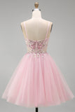 Corsetto floreale rosa A-line spalline a spaghetti paillettes abito corto di ritorno a casa con perline